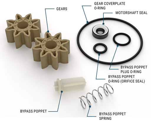 GPI Overhaul kit for the G8P includes gears, O-rings, shaft seals, poppet and poppet spring
