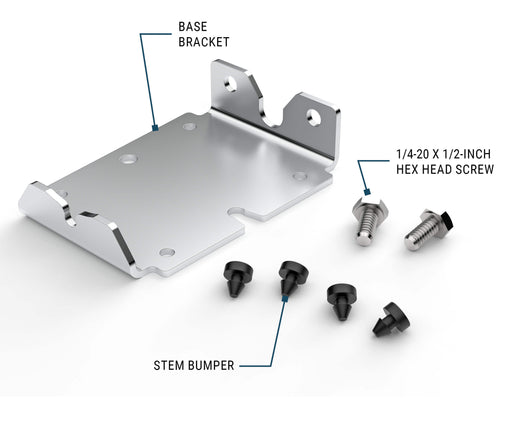 GPI replacement base bracket for G8P shows base braket, stem bumper and hardware screws