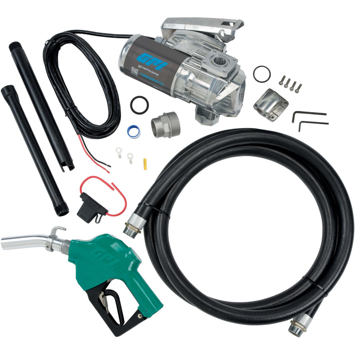 Content shot of G20 Fuel transfer pump with factory installed power cord, tank bung adapter, 14 feet fuel hose, adjustable suction pipe, replaceable fuse, automatic shut-off nozzle, 90 degree modular fitting, hardware kit and thread tape.