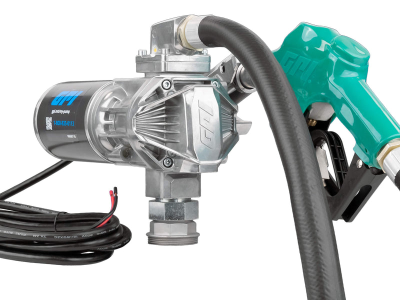 GPI G20 Fuel transfer pump with automatic shut-off diesel nozzle, fuel hose, and factory installed power cord.