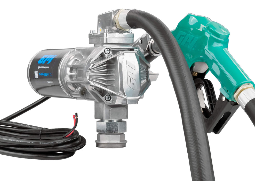 GPI G20 Fuel transfer pump with automatic shut-off diesel nozzle, fuel hose, and factory installed power cord.