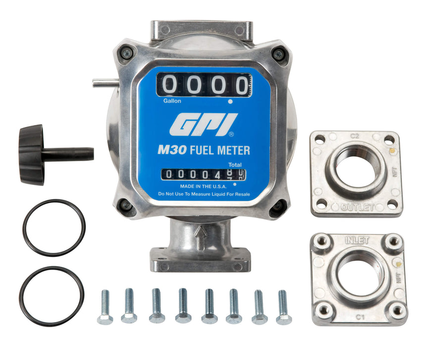 GPI M30-G8N 1 inch NPT Gallons measuring Fuel Meter, reset knob, O-Rings, assembly hardware, 1 in NPT inlet/outlet