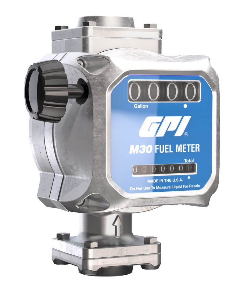 Right-front view of the GPI M30-G8N 1 inch NPT Gallons measuring Fuel Meter