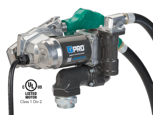 Side view of GPRO V25 with automatic shut-off nozzle, power cord, hose, and cULus Listed Motor certification
