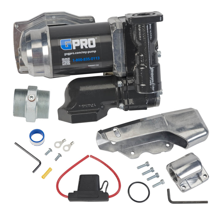 GPRO V25 fuel transfer pump extreme temperature model, nozzle holder, tank adapter, fuse assembly, and modular fitting with hardware