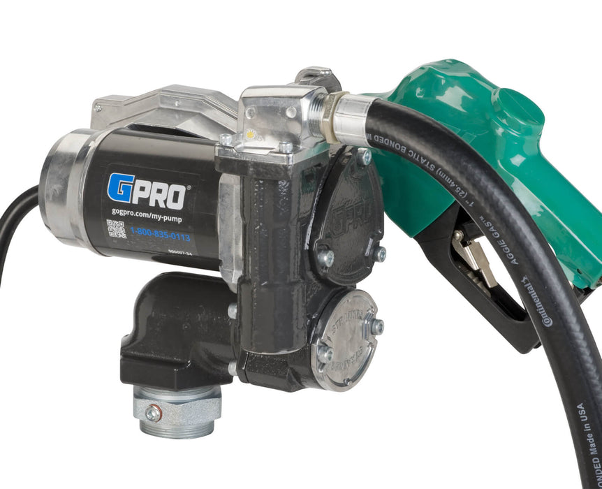 GPRO V25 fuel transfer pump extreme temperature model with automatic nozzle, power cord, and hose