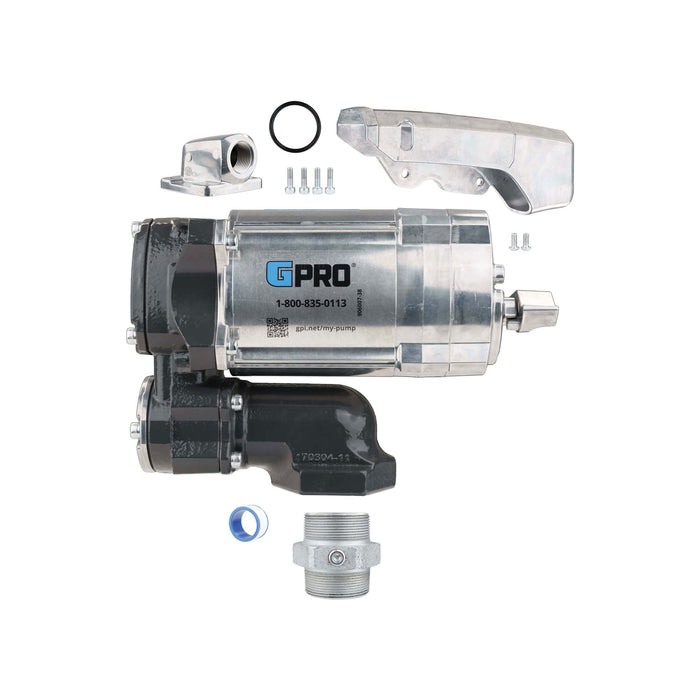 GPRO V20 3/4-inch pump only unassembled parts showing the pump, nozzle cover, modular fitting w/hardware, tank adapter and thread tape