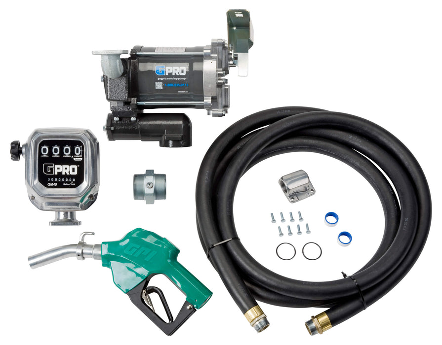 GPRO PRO20-115 fuel transfer pump, automatic nozzle, tank adapter, hose, and QM40 fuel meter