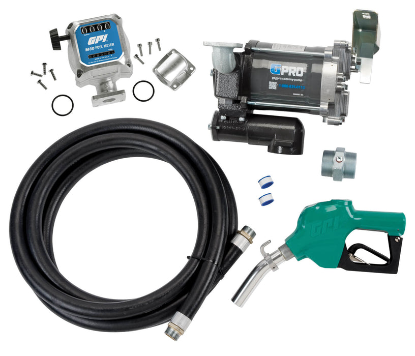 GPRO PRO20-115 fuel transfer pump, hose, automatic nozzle, tank adapter, and GPI M30 fuel meter