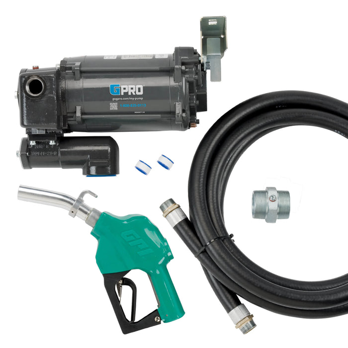 Content shot of GPRO PRO35-115 Fuel transfer pump with automatic nozzle, tank adapter, and hose